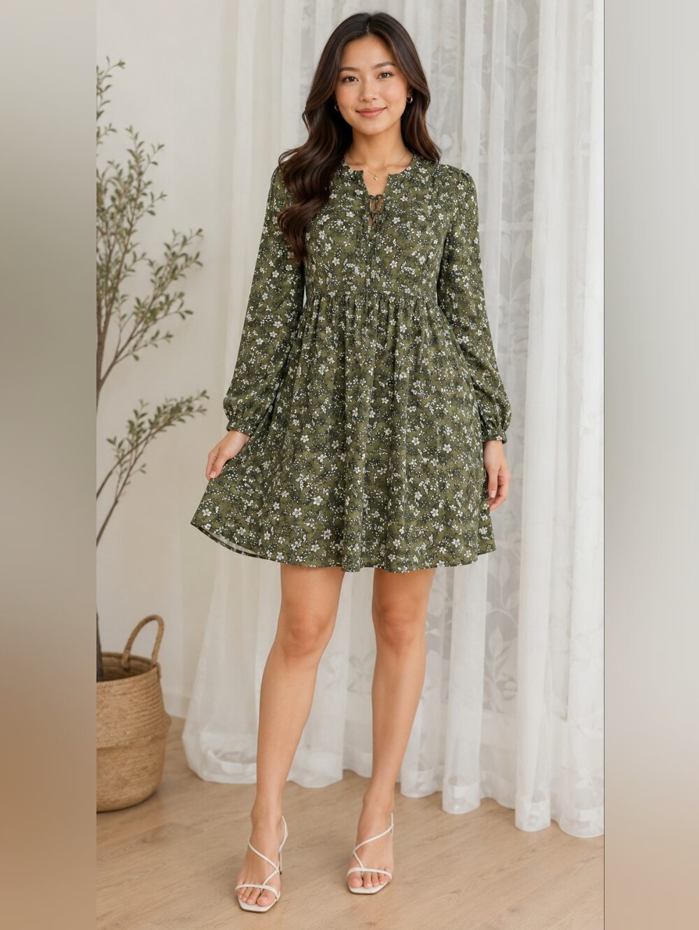 Old Navy Olive Green Floral Long-Sleeve Babydoll Dress Size Small